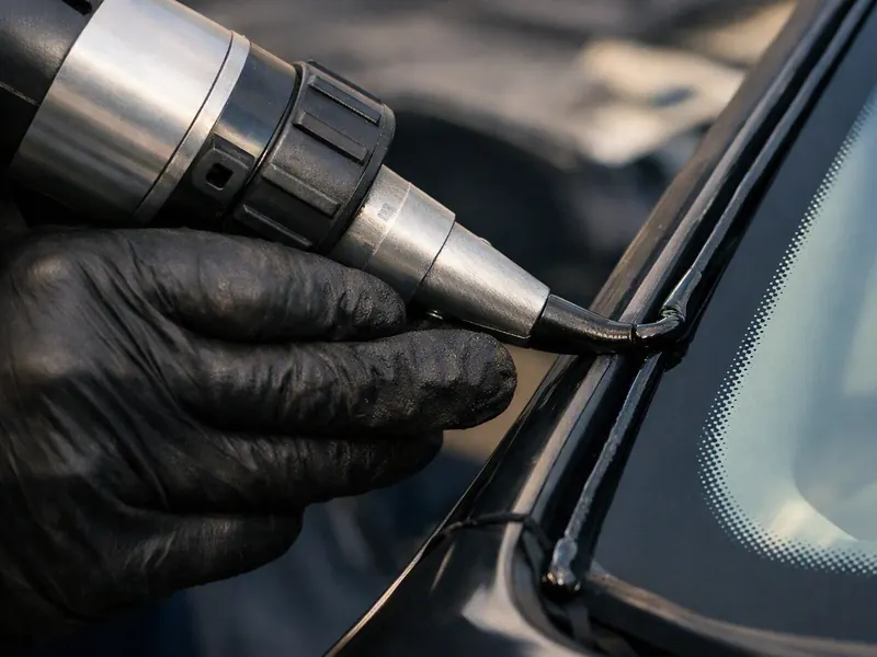 A gloved hand applying sealant around a windscreen frame