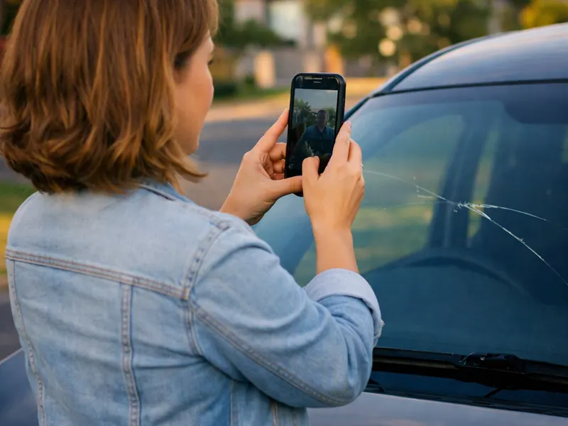 A woman photographing a cracked windscreen with her phone