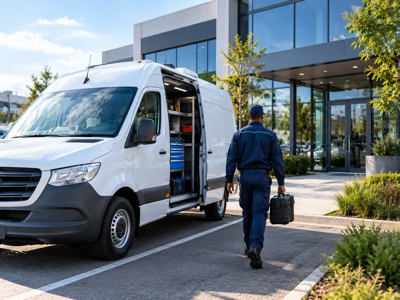 A technician walking from a service van to an office building