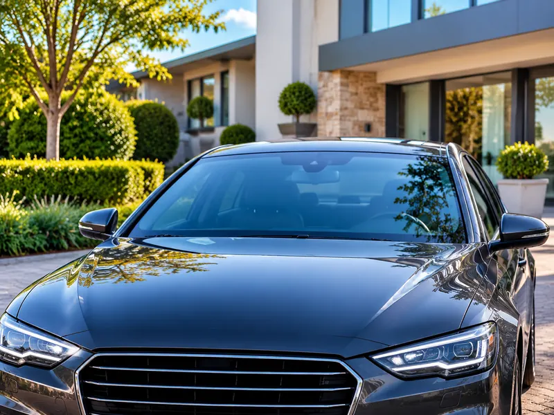 A dark sedan with a spotless windscreen in front of a modern house