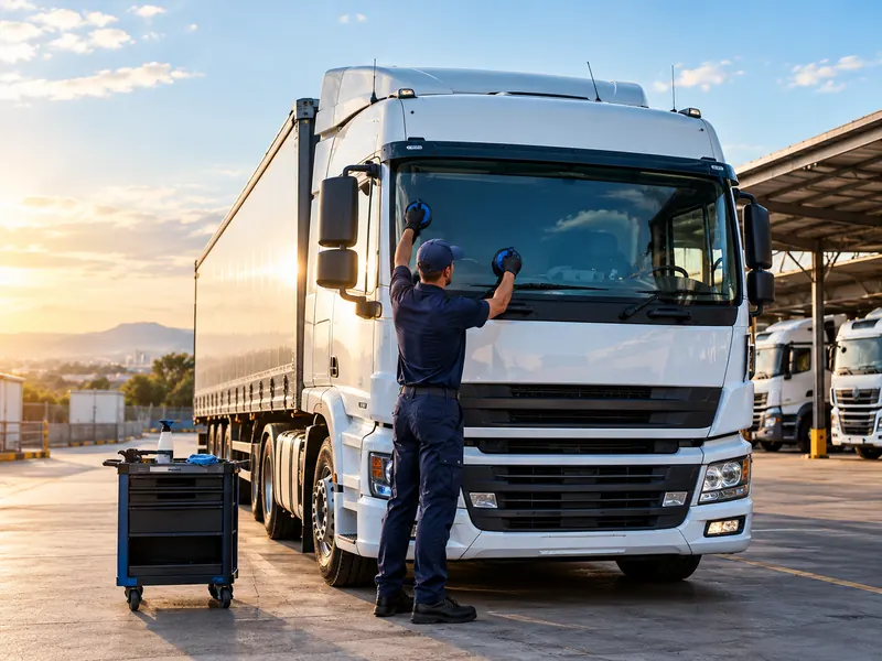 A technician fitting a windscreen to a truck at a depot